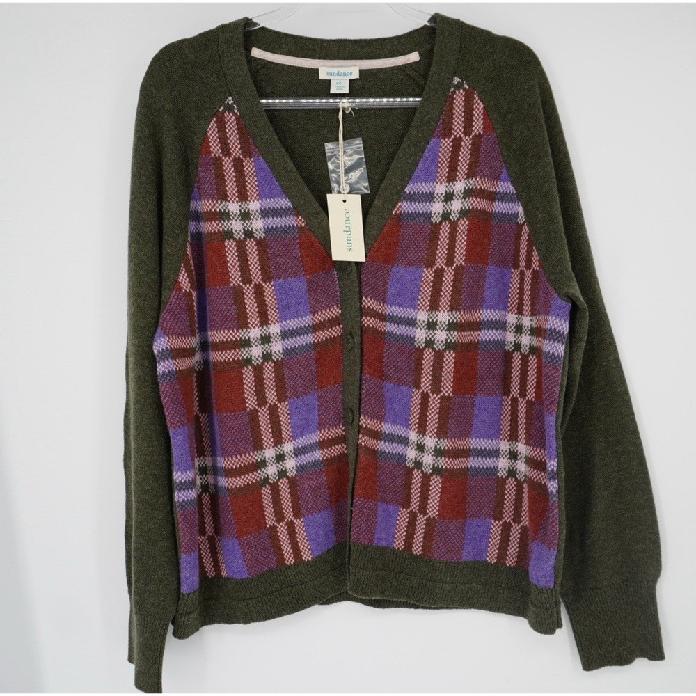 Sundance Clare Green Plaid Patchwork Knit Cardigan Sweater Women's  XXL NEW